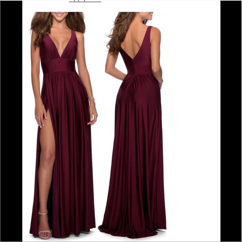 La Femme 28547 Plunge Neck Gown in Dark Berry